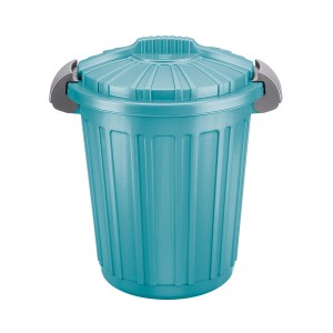 Cestino t.b.t. turchese con coperchio e manici grigi.