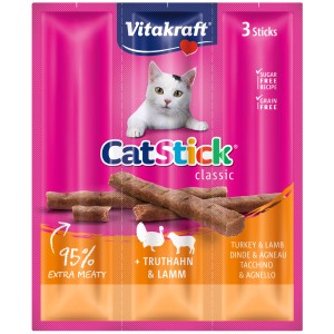 Vitakraft Cat Stick Tacchino e Agnello, 3 pezzi. Snack per gatti senza zucchero e cereali.