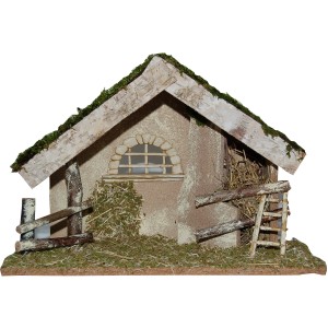 Presepe dettagliato: stalla con scala, finestra e fieno per decorazioni natalizie.