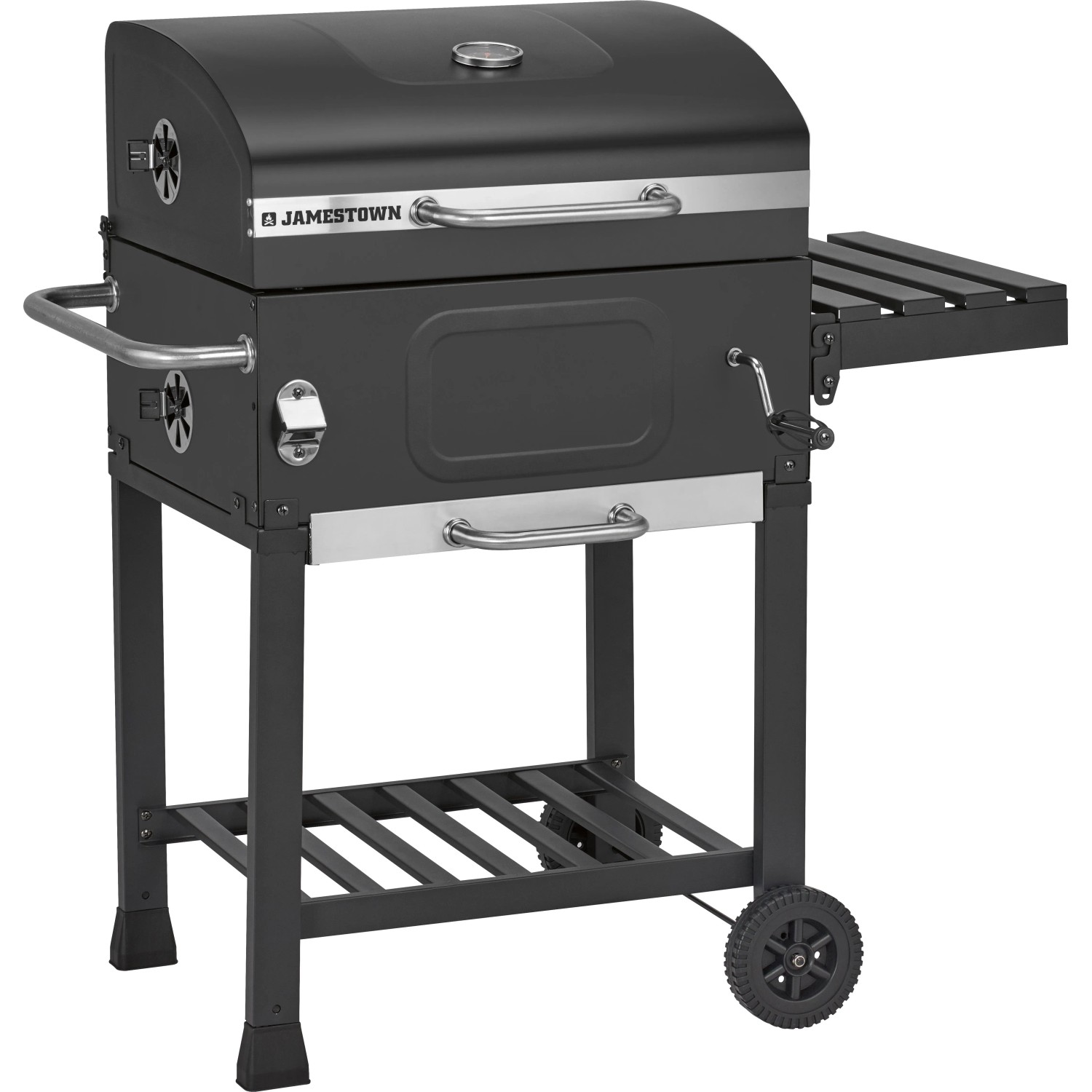 Barbecue a carbone Jamestown Jaxon grigio scuro con termometro, ripiano e ruote. Per giardino e balcone.