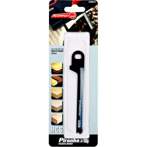 Lama per seghetto alternativo Black+Decker Piranha HCS 100mm per tagli precisi su legno, plastica e metallo.