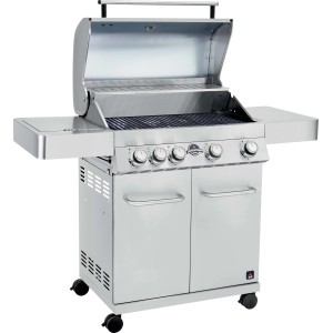 Barbecue a gas t.b.t. in acciaio inox con ripiani e mobile base.