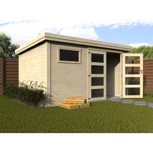 Casetta da giardino in legno naturale Paolo, 390x305 cm con finestra e doppia porta in giardino.