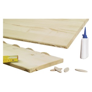 Applicazione di piastrine di collegamento piatte LUX per il collegamento del legno con colla e metro pieghevole.