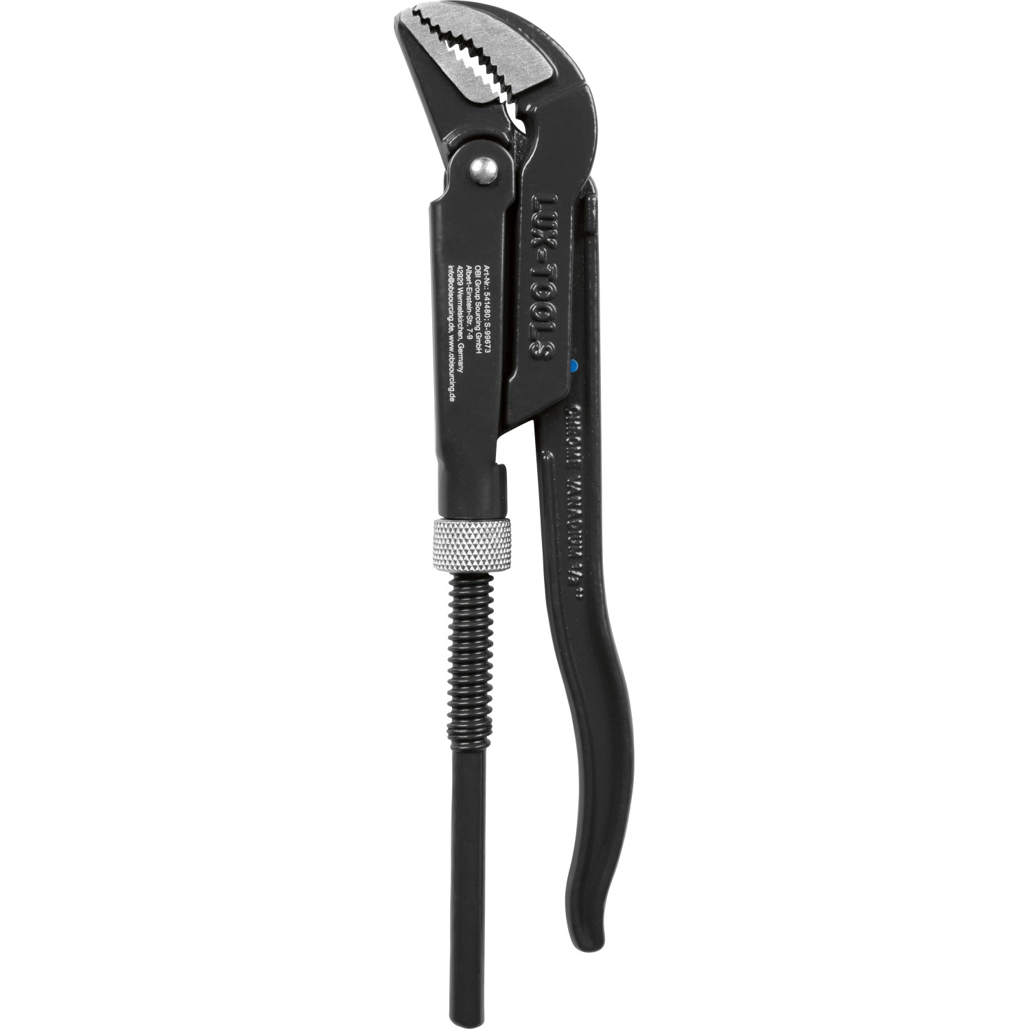 Chiave a gomito LUX-TOOLS 245 mm in acciaio al cromo-vanadio. Pinza nera regolabile con testa angolata per tubi.