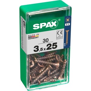 Viti per legno SPAX 3,5x25 mm in contenitore di plastica verde.