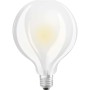 Lampadina LED E27 t.b.t. con grande bulbo in vetro trasparente.