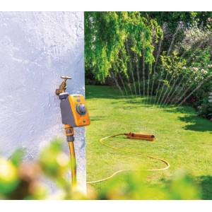 Centralina per irrigazione su rubinetto con irrigatore da giardino.