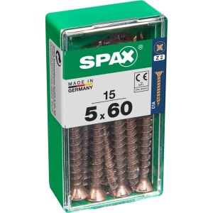 Viti per legno Spax 5x60 mm, 15 pezzi in contenitore di plastica verde.