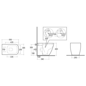 Disegno tecnico: WC filo muro t.b.t. con misure per l'installazione.