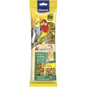 Vitakraft Kräcker snack per uccelli con miele e eucalipto, 2 pezzi. Snack per uccelli in confezione gialla.
