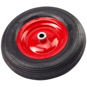 Ruota pneumatica Ø 400 mm con cerchio in acciaio rosso e mozzo da 88 mm per rulli e ruote.