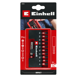 Set di inserti a impatto Einhell da 11 pezzi in formato tascabile con profili PH, PZ, T e H per cacciaviti e avvitatori a batteria.