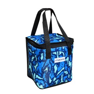 Borsa frigo blu con manici per campeggio e attività all'aperto.