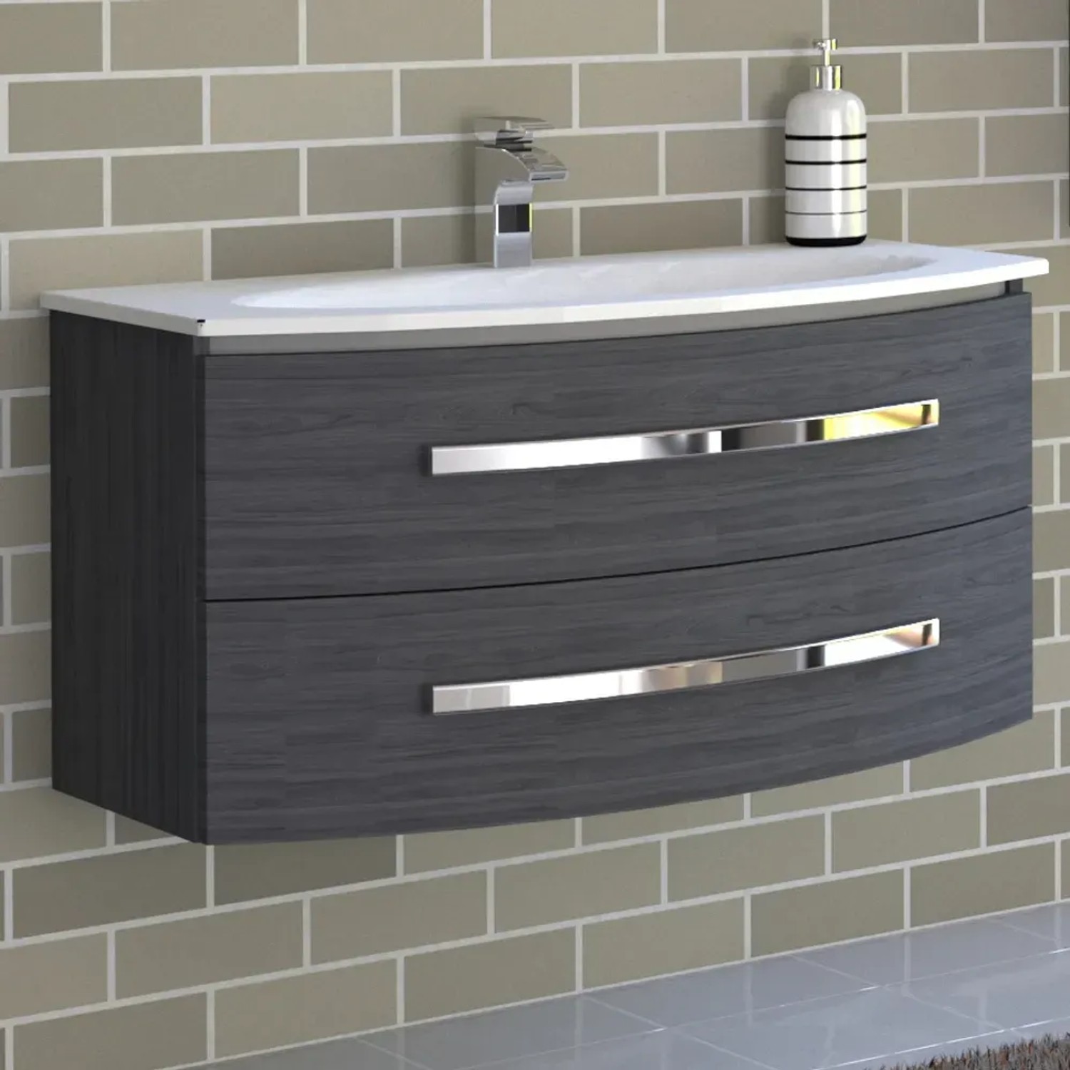 Mobile bagno grigio con lavabo e due cassetti, categoria: Arredo bagno.