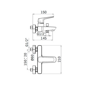 Disegno tecnico: miscelatore per vasca t.b.t. con dimensioni.