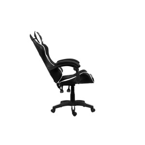 Sedia da gaming nera con dettagli bianchi, vista laterale.