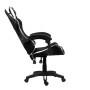 Sedia da gaming nera con dettagli bianchi, vista laterale.
