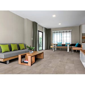 Soggiorno con piastrelle per pavimenti grigie. Le piastrelle per pavimenti creano un ambiente moderno.