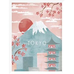 Quadri: Illustrazione ad acquerello di Tokyo con il Monte Fuji, fiori di ciliegio e pagoda.