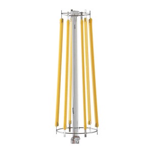 Lampadina LED E27 t.b.t. con filamenti gialli e base in metallo argentato.