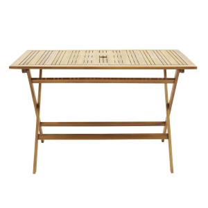 Tavolo da giardino in legno, rettangolare, con piano a listelli.