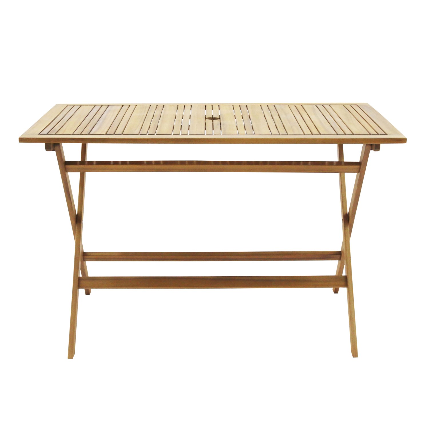 Tavolo da giardino in legno, rettangolare, con piano a listelli.