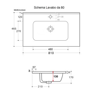 Disegno tecnico lavabo t.b.t. con misure per installazione. Dettagli lavabo singolo.