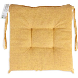 Cuscino per sedia giallo con lacci. Imbottitura a motivi per una seduta confortevole.