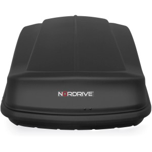 Box da tetto nera Nordrive per il trasporto di bagagli e attrezzature.