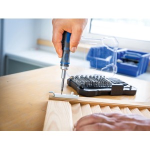 Set cacciavite e inserti LUX (106 pezzi) in uso. Set di cacciaviti con inserti e cacciavite a cricchetto.