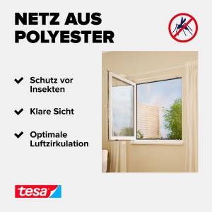 tesa Insect Stop zanzariera a strappo antracite su finestra. Rete in poliestere per protezione insetti, vista chiara, aria.