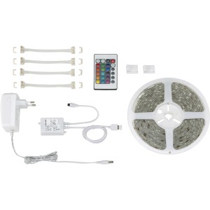 Set striscia LED t.b.t. con telecomando, alimentatore e connettori.