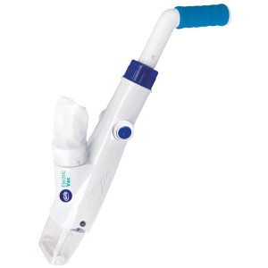 Pulitore per piscina Gre Pool & Spa Vac bianco, senza fili, con manico blu e sacco filtro.