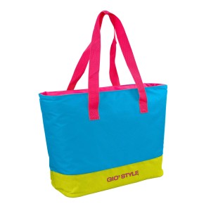 Borsa da campeggio blu con fondo giallo e manici rosa.