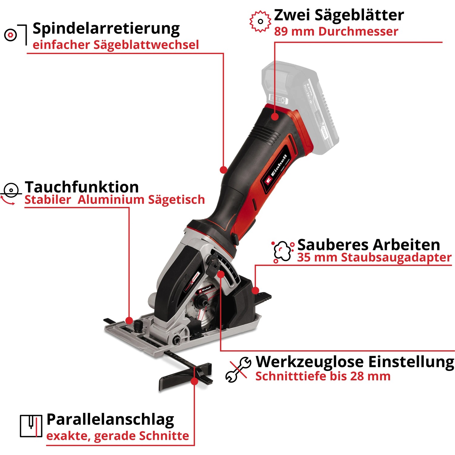 Einhell Power X-Change TE-CS 18/89 Li Solo mini sega circolare a batteria: Sega compatta con guida parallela e funzione a immersione.