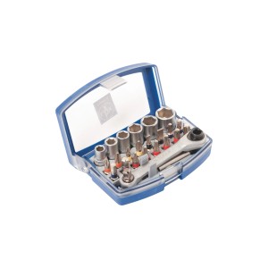 Set di chiavi a bussola e inserti LUX, 24 pezzi, con inserti, bussole e cricchetto in custodia blu.