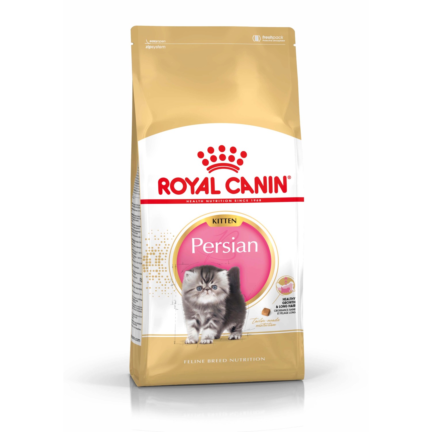 Royal Canin Persian Kitten cibo secco per gatti persiani, confezione dorata.