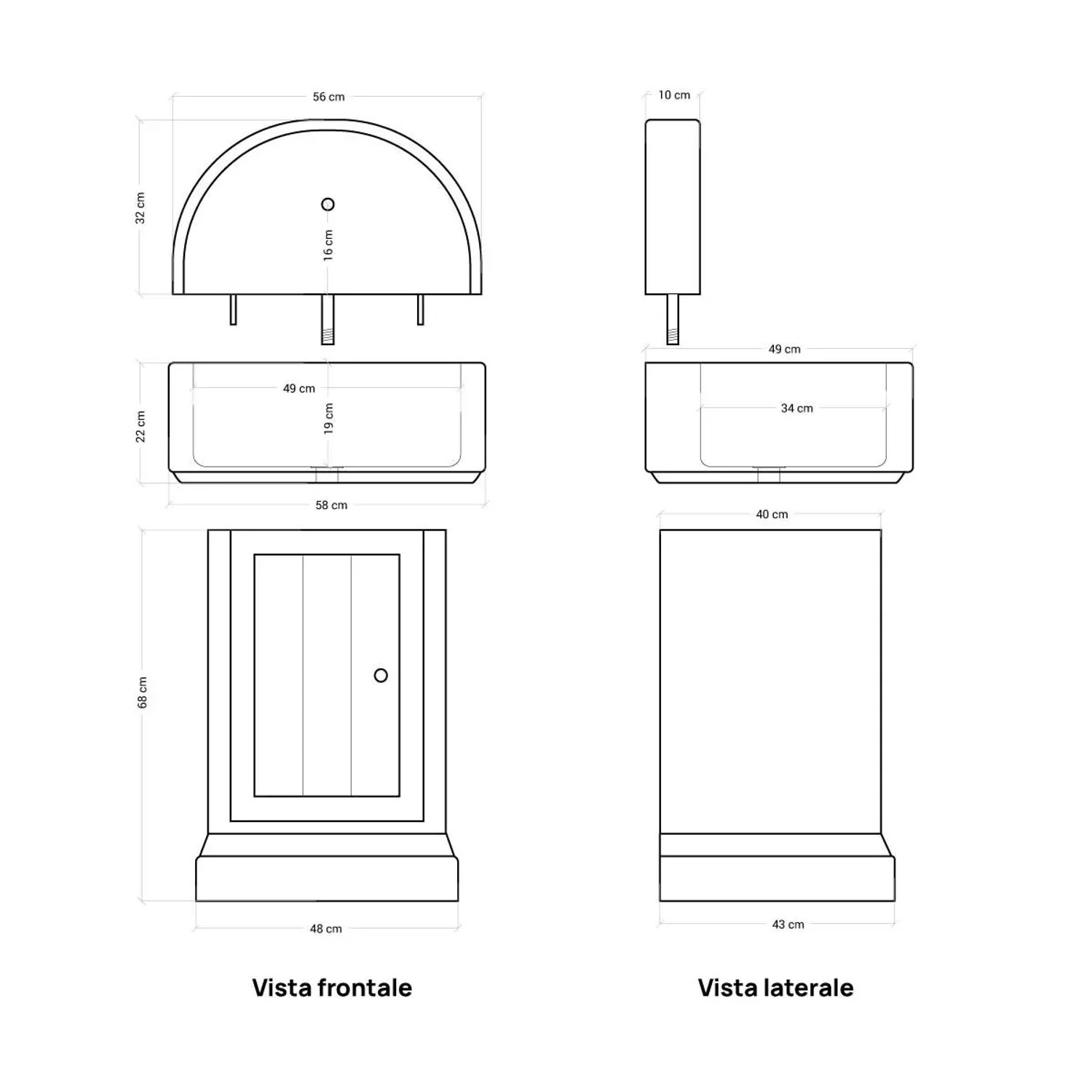 Disegno tecnico di una fontana da giardino con dimensioni.