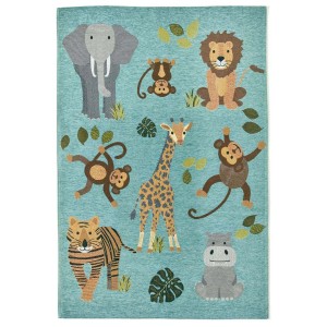 Tappeto per bambini t.b.t. con animali della giungla come elefante, leone, tigre, scimmia, ippopotamo e giraffa.
