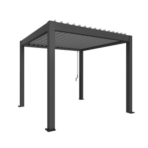 Pergola Biohort in grigio scuro/argento metallizzato, una moderna copertura per patio con lamelle.