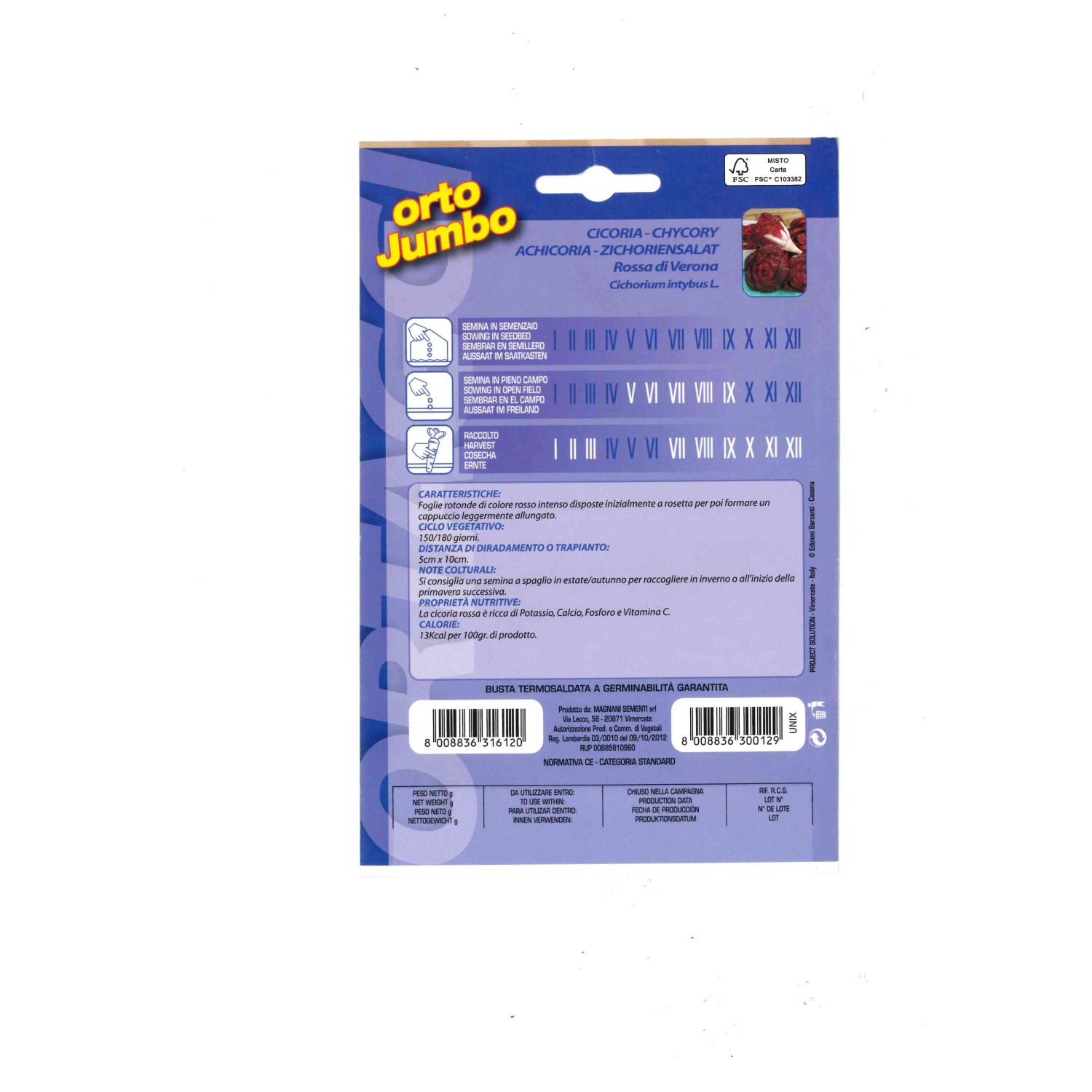 Confezione di semi per erbe aromatiche, nello specifico insalata di cicoria, con informazioni su coltivazione e raccolta.