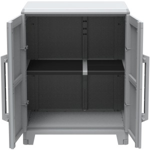 Mobile da balcone grigio aperto con ripiani. Arredamento per balconi.