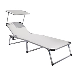Lettino prendisole bianco con tettuccio parasole, ideale per giardino e terrazza.
