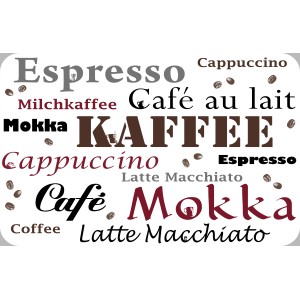 Tovaglia con motivi di caffè: Espresso, Cappuccino, Moka, Latte Macchiato e chicchi di caffè.