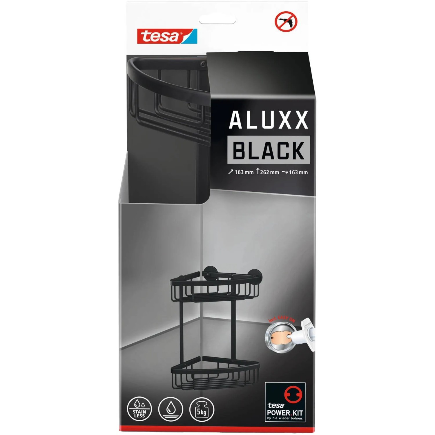 Tesa Aluxx mensola angolare doccia, a due piani, nero opaco, per montaggio a parete senza forare.