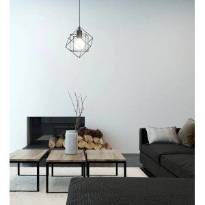 Lampada a sospensione nera Eglo Straiton in stile vintage con attacco E27 e struttura in filo metallico.