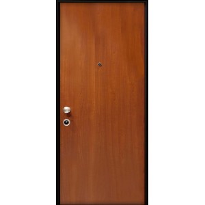 Porta blindata t.b.t. marrone con telaio nero e spioncino.
