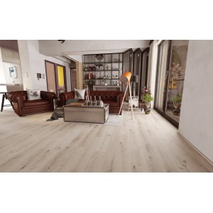 Pavimento vinilico chiaro in soggiorno con divani in pelle e decorazioni.