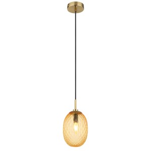 Lampada a sospensione t.b.t. color oro con paralume in vetro decorato per un'illuminazione elegante.